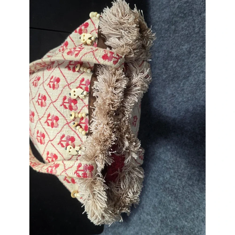 VTG Floral Tapestry Tote Bag Faux Fur Trim Wooden Beads Unique Purse Cottagecore